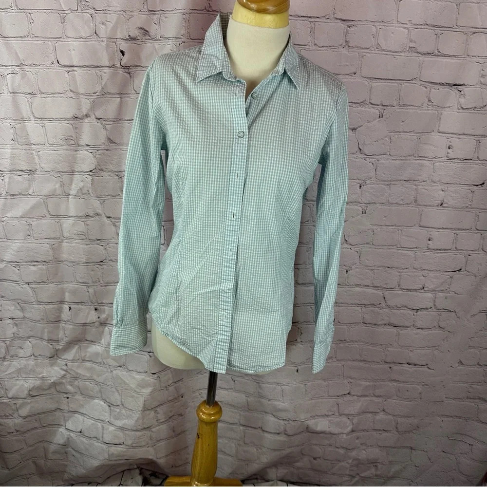 brooks brothers gingham plaid long sleeve top sz 6 light blue preppy 100% cotton